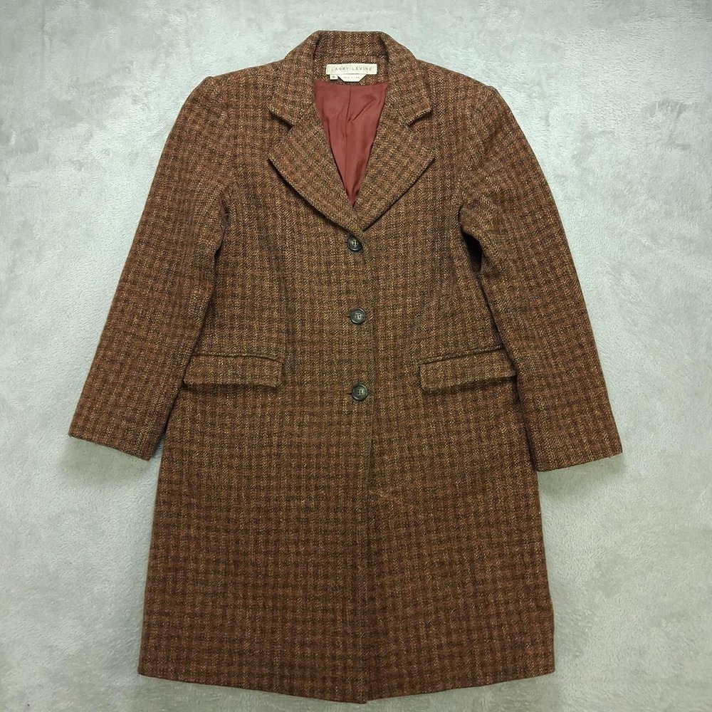 Larry Levine Woolrich Brown Plaid Wool Blend Long Coat Womens 6 Made in USA